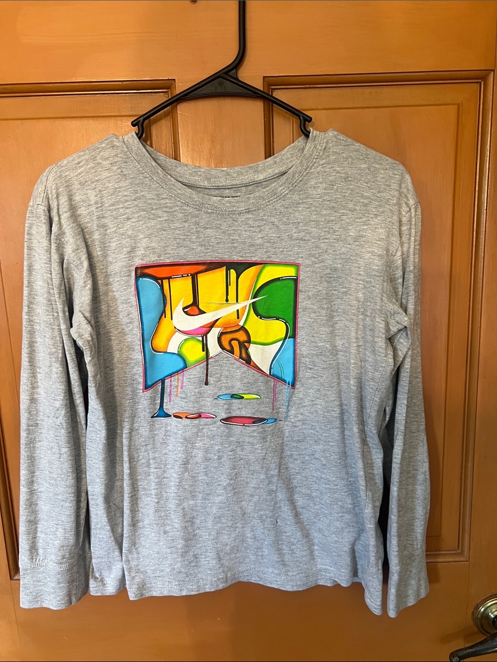 Nike Gray Long Sleeve Tee with Colorful Swoosh Graphic